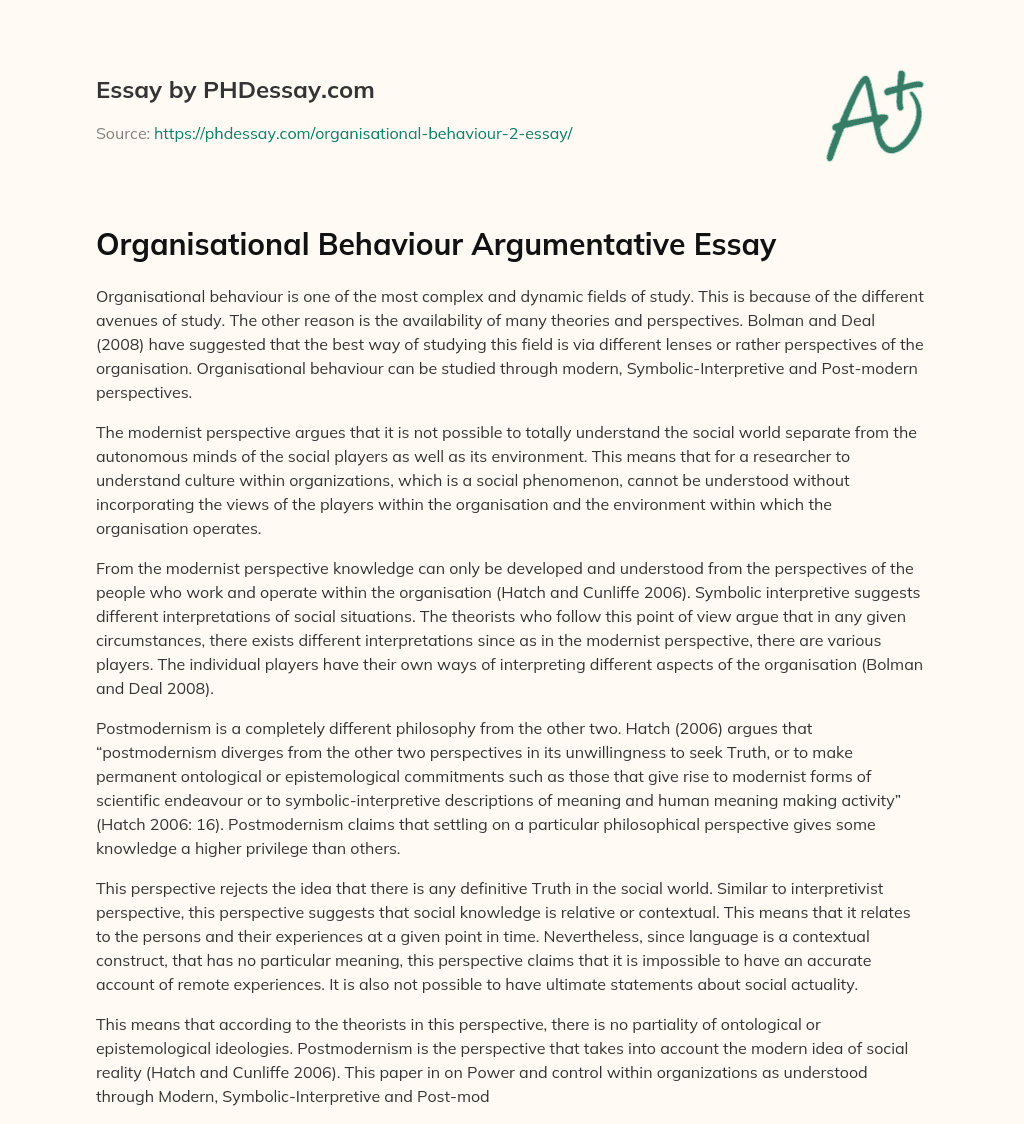 Organisational Behaviour Argumentative Essay essay
