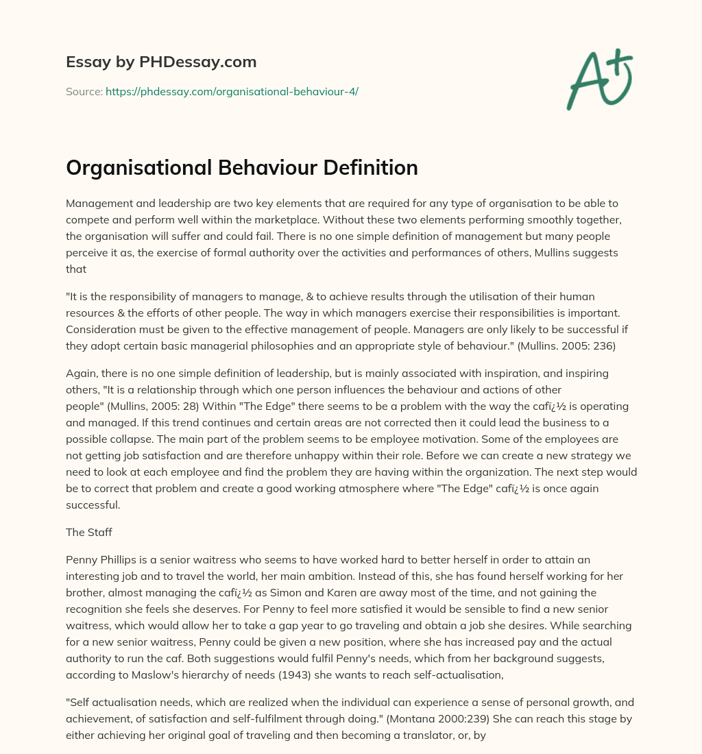 Organisational Behaviour Definition essay