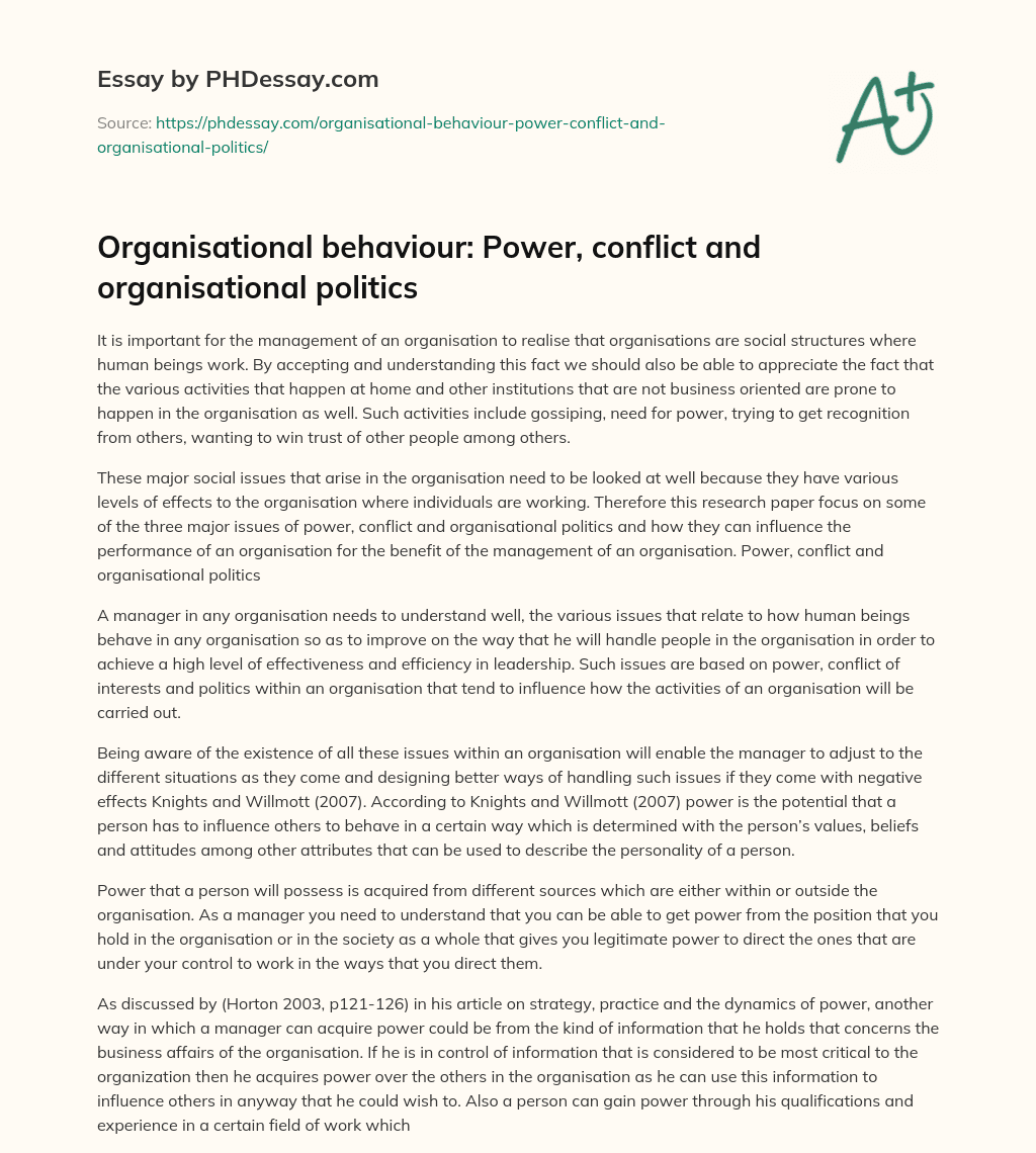 Organisational behaviour: Power, conflict and organisational politics essay