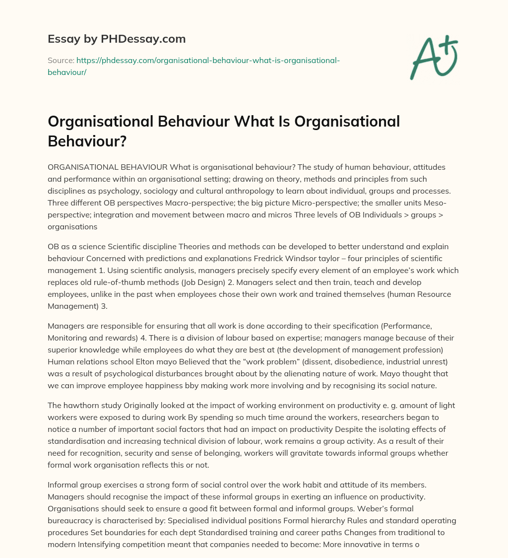 Organisational Behaviour What Is Organisational Behaviour? essay