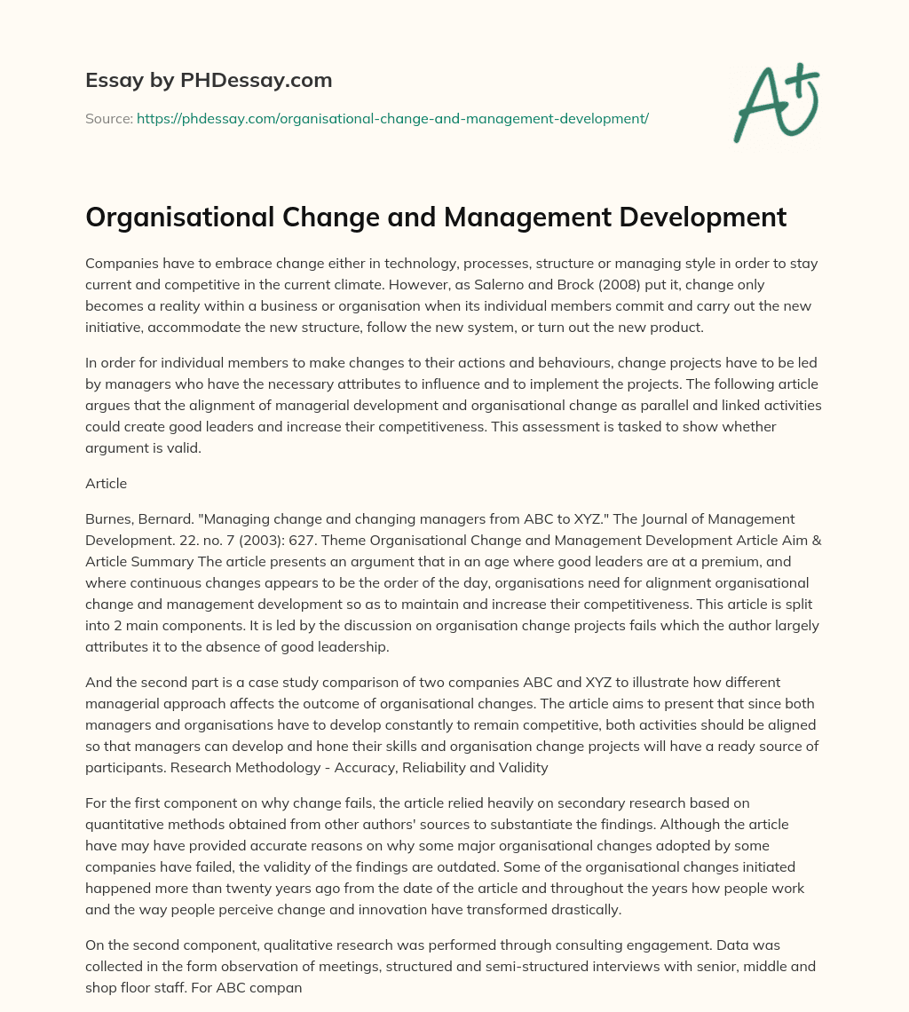 Organisational Change and Management Development essay