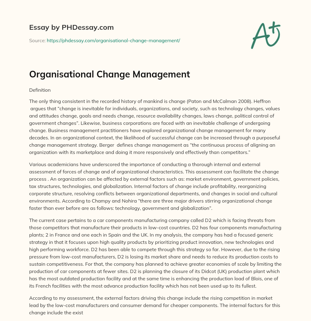 Organisational Change Management essay