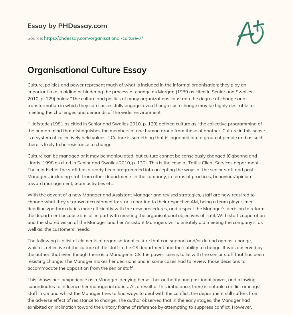 Organisational Culture Essay essay