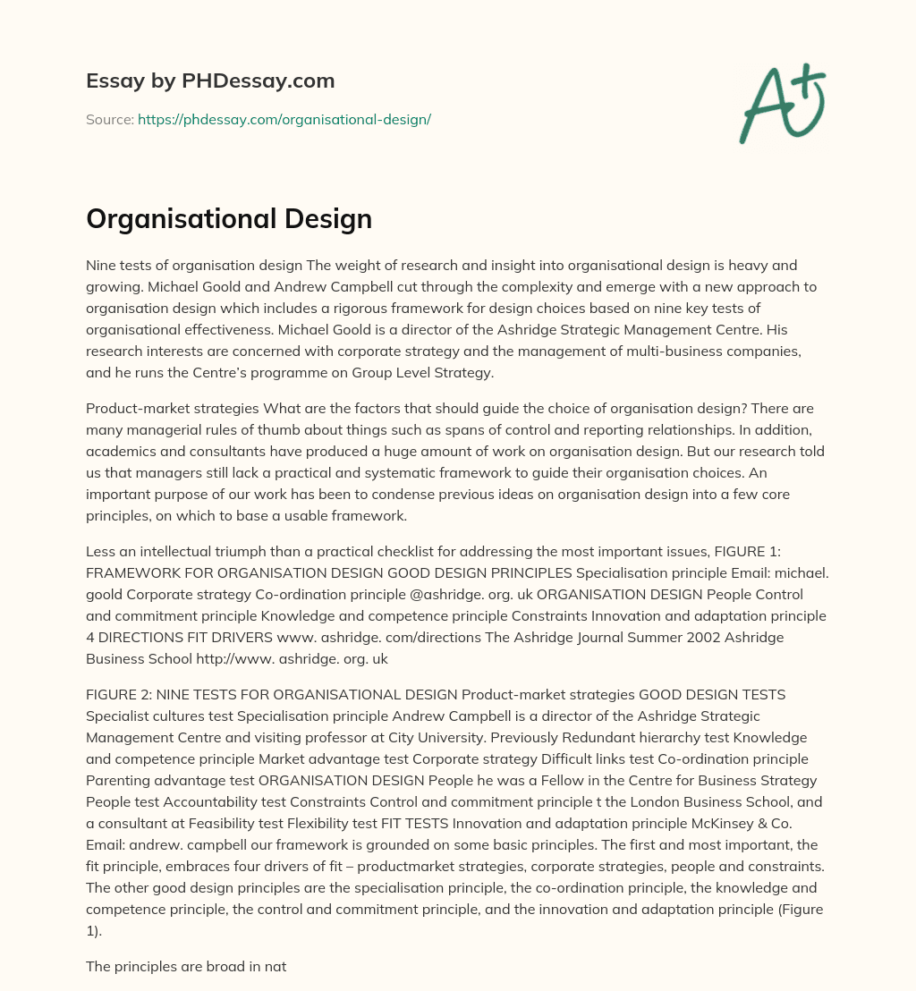 Nine Tests of Organizational Design: A New Approach to Effectiveness essay