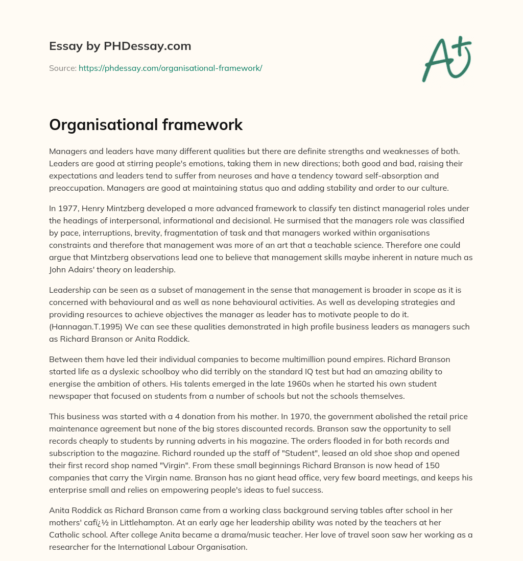 Organisational framework essay