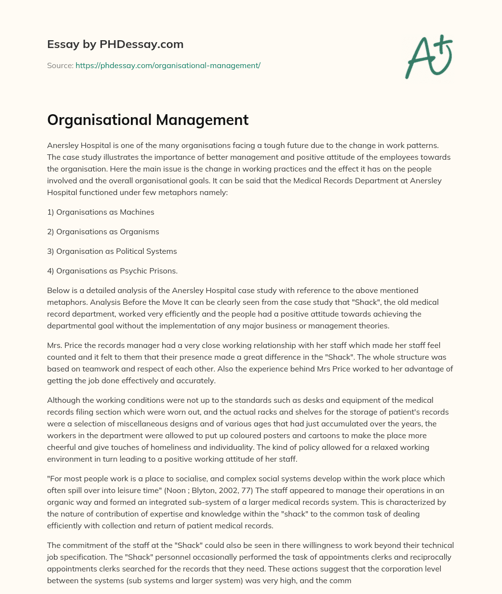 Organisational Management essay