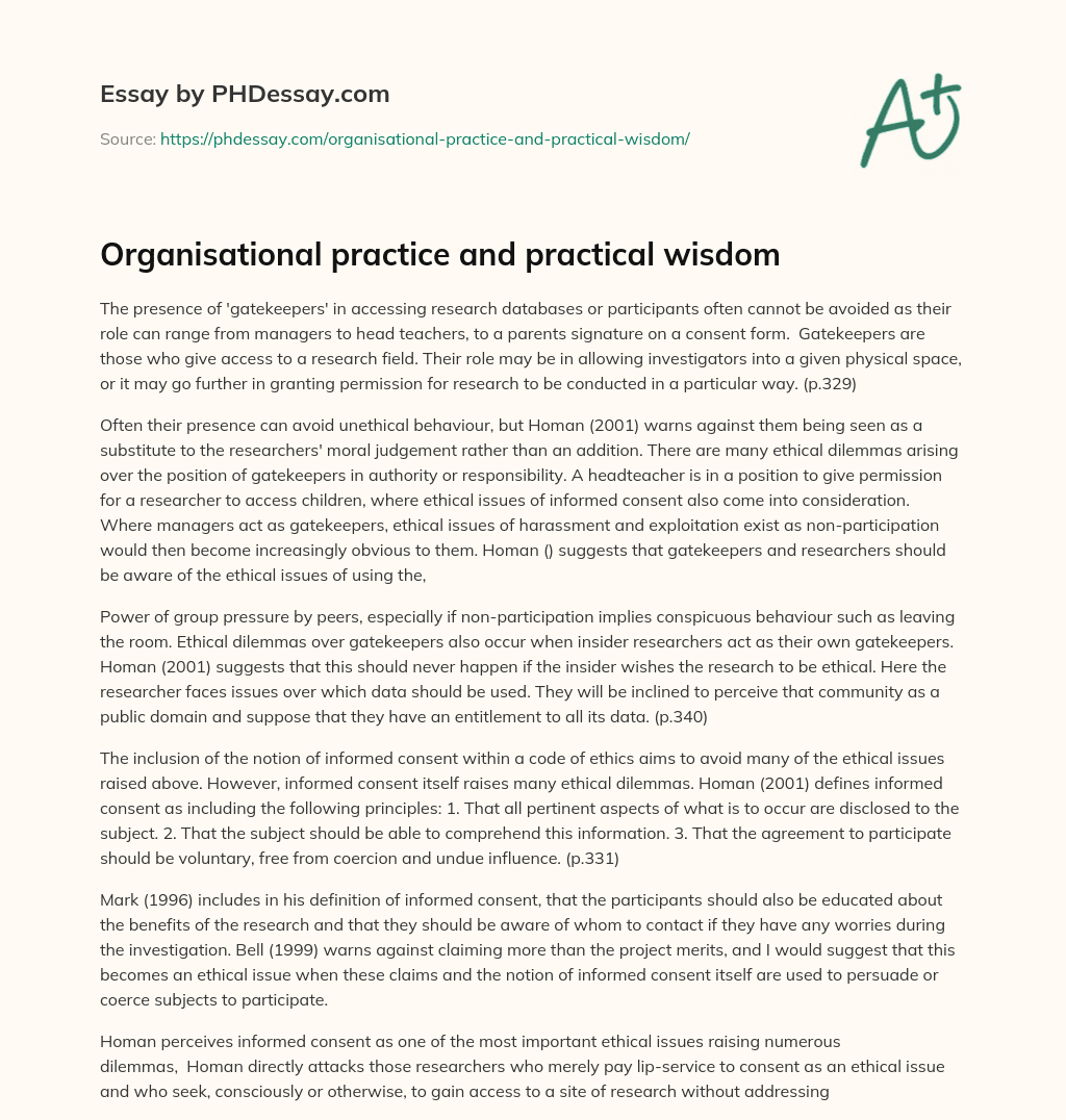 Organisational practice and practical wisdom essay
