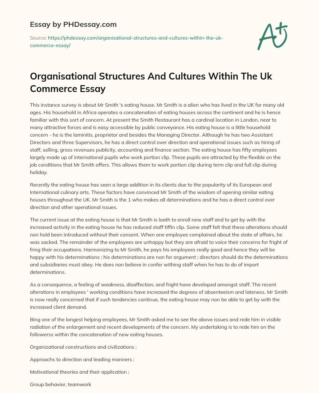 Organisational Structures And Cultures Within The Uk Commerce Essay essay