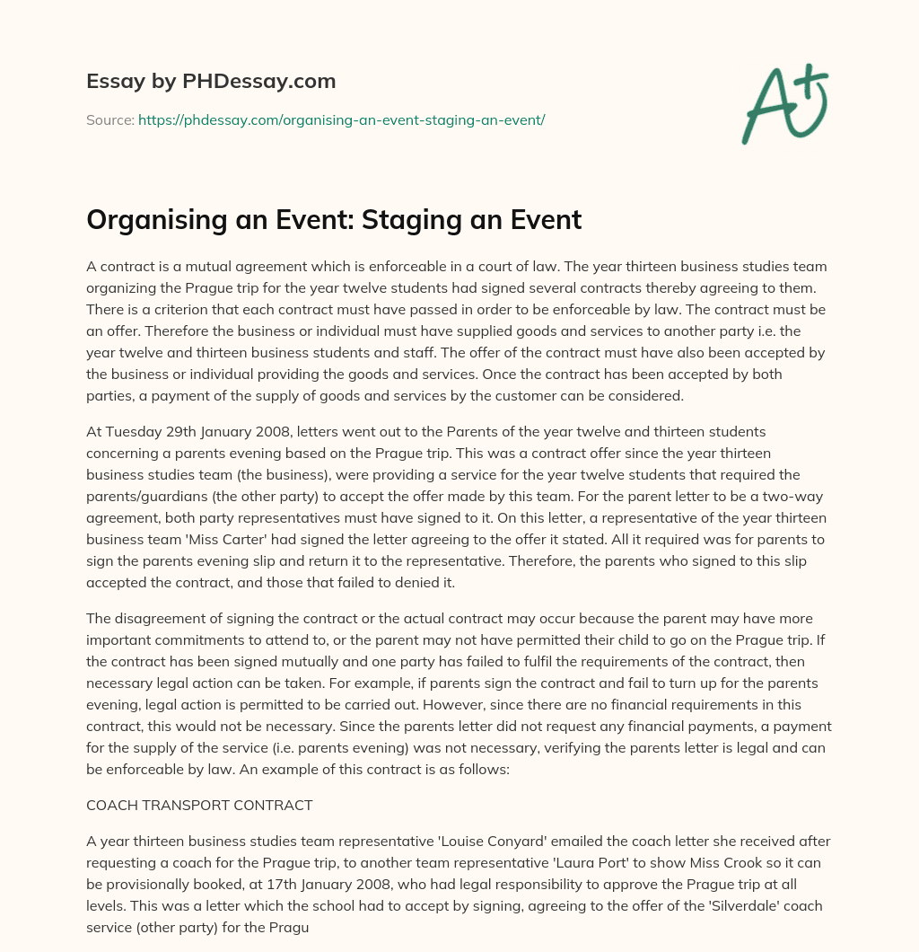 Organising an Event: Staging an Event essay