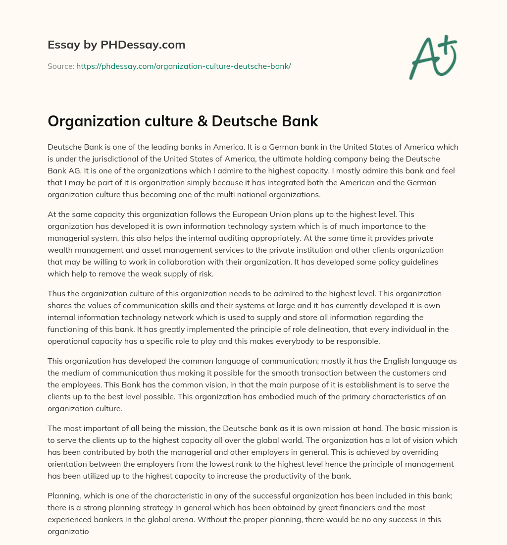 Organization culture & Deutsche Bank essay