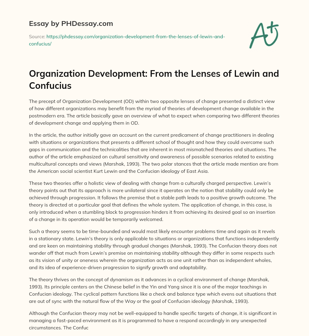 Organization Development: From the Lenses of Lewin and Confucius essay