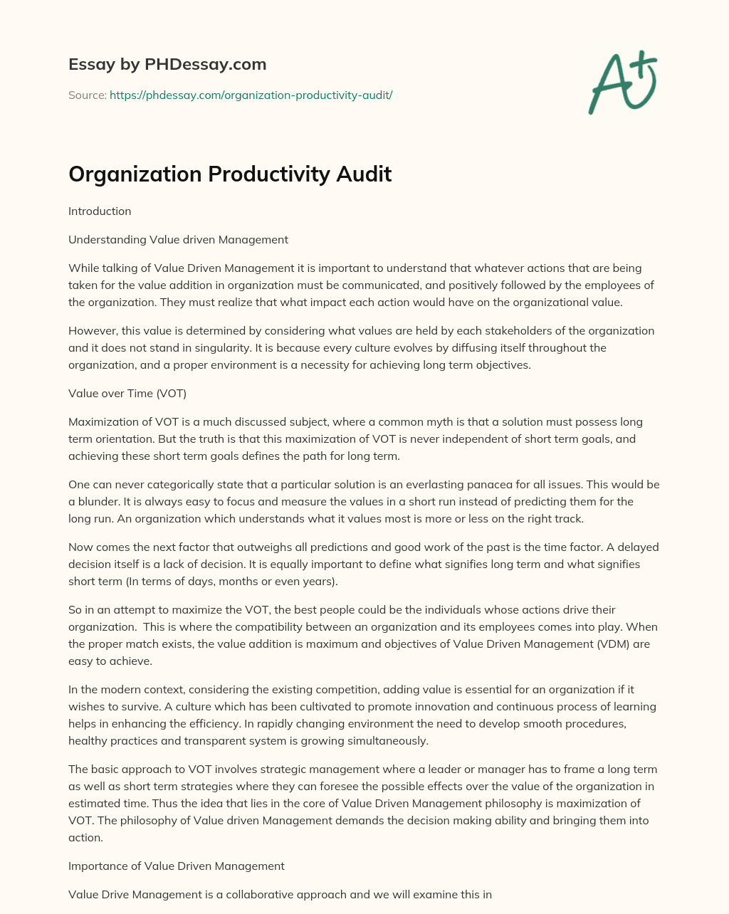 Organization Productivity Audit essay