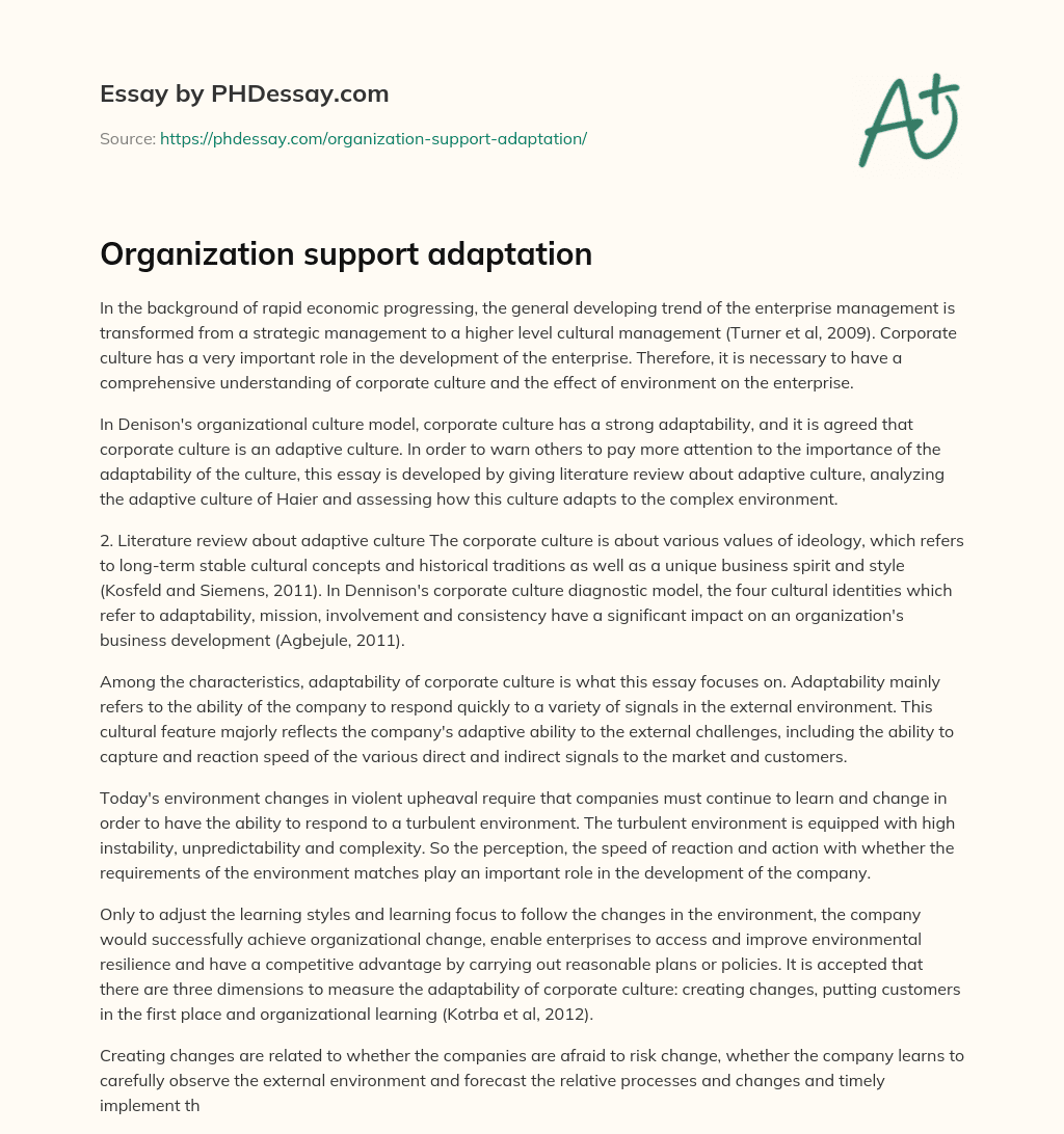 Organization support adaptation essay