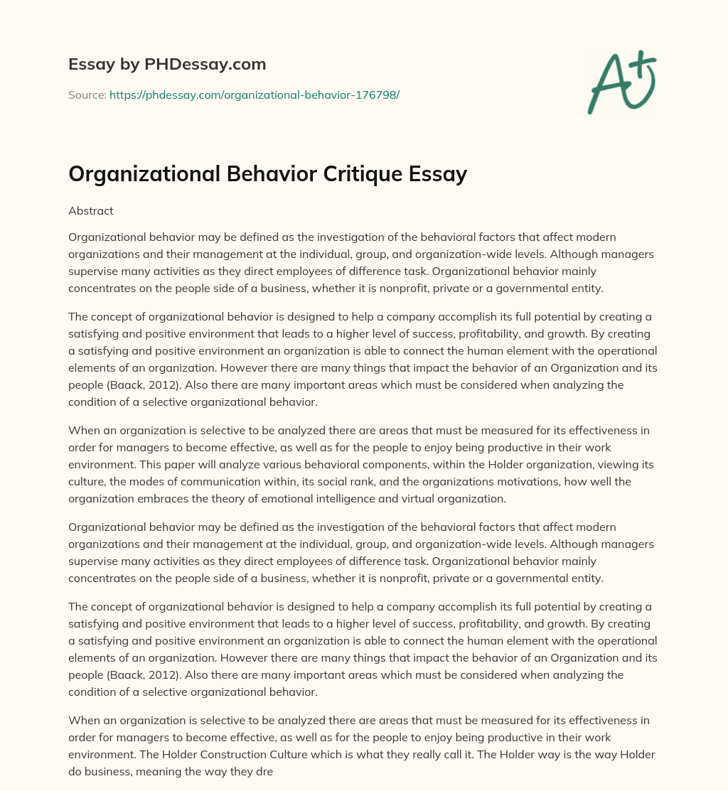 Organizational Behavior Critique Essay essay
