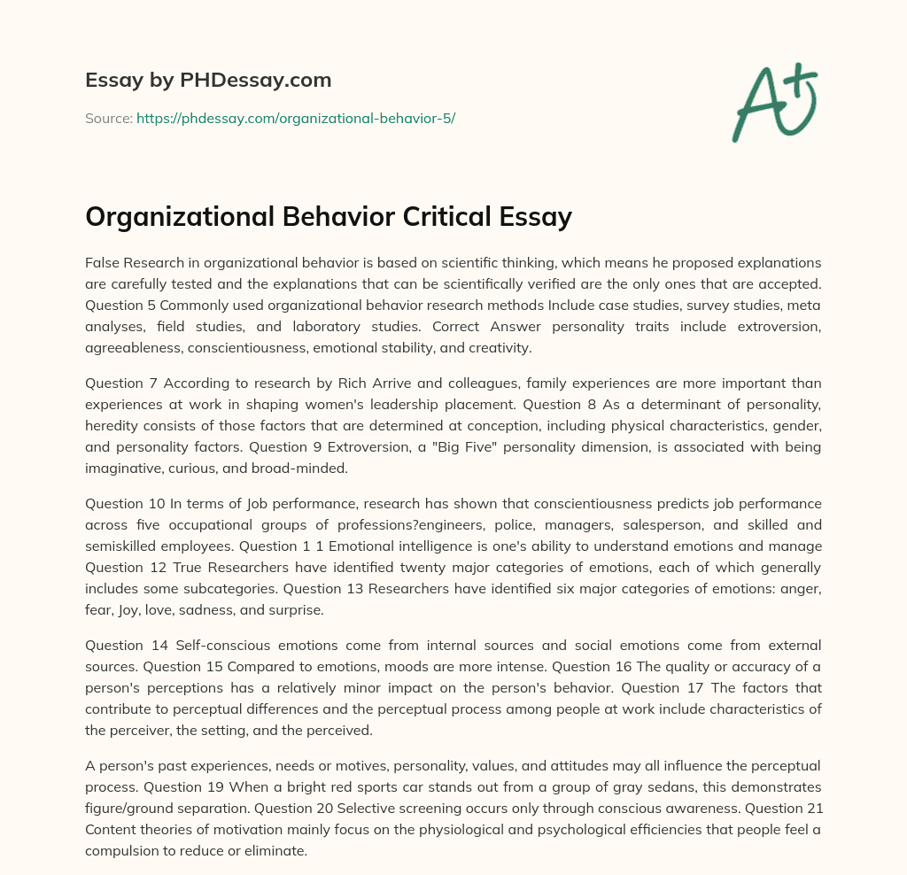 Organizational Behavior Critical Essay essay