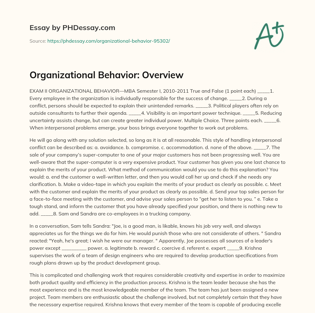 Organizational Behavior: Overview essay