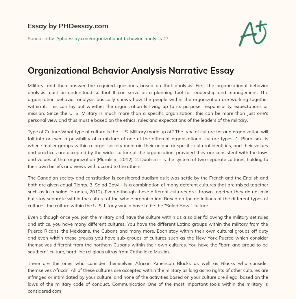 Organizational Behavior Analysis Narrative Essay essay