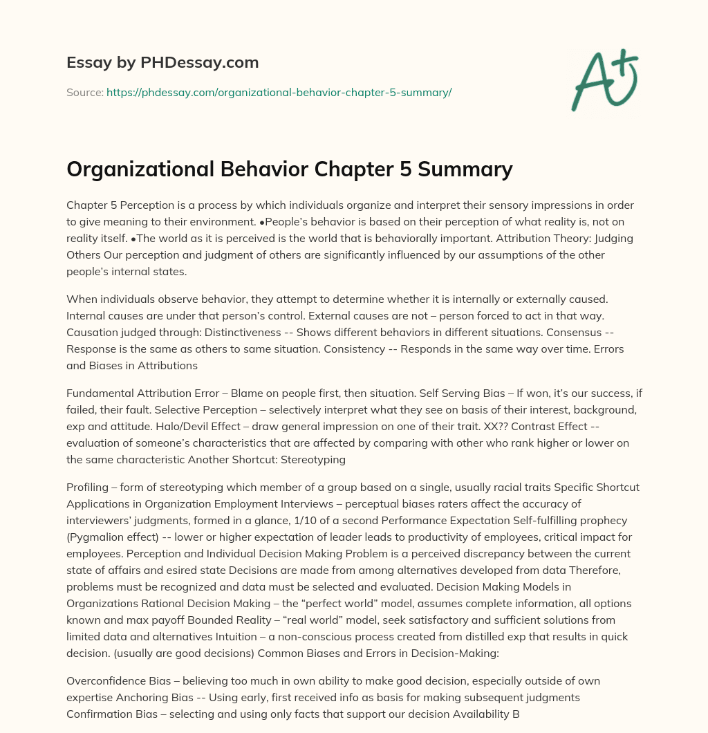 Organizational Behavior Chapter 5 Summary essay