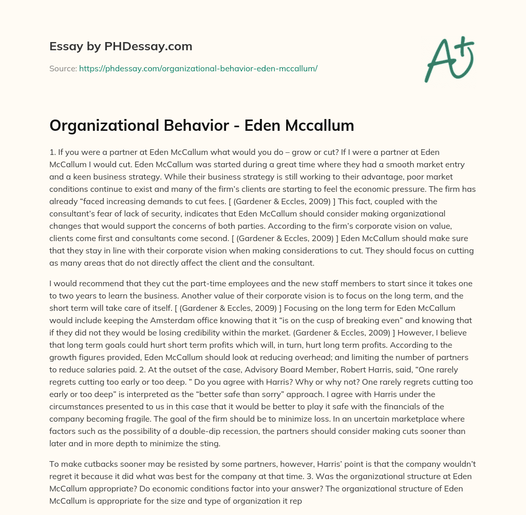 Organizational Behavior – Eden Mccallum essay