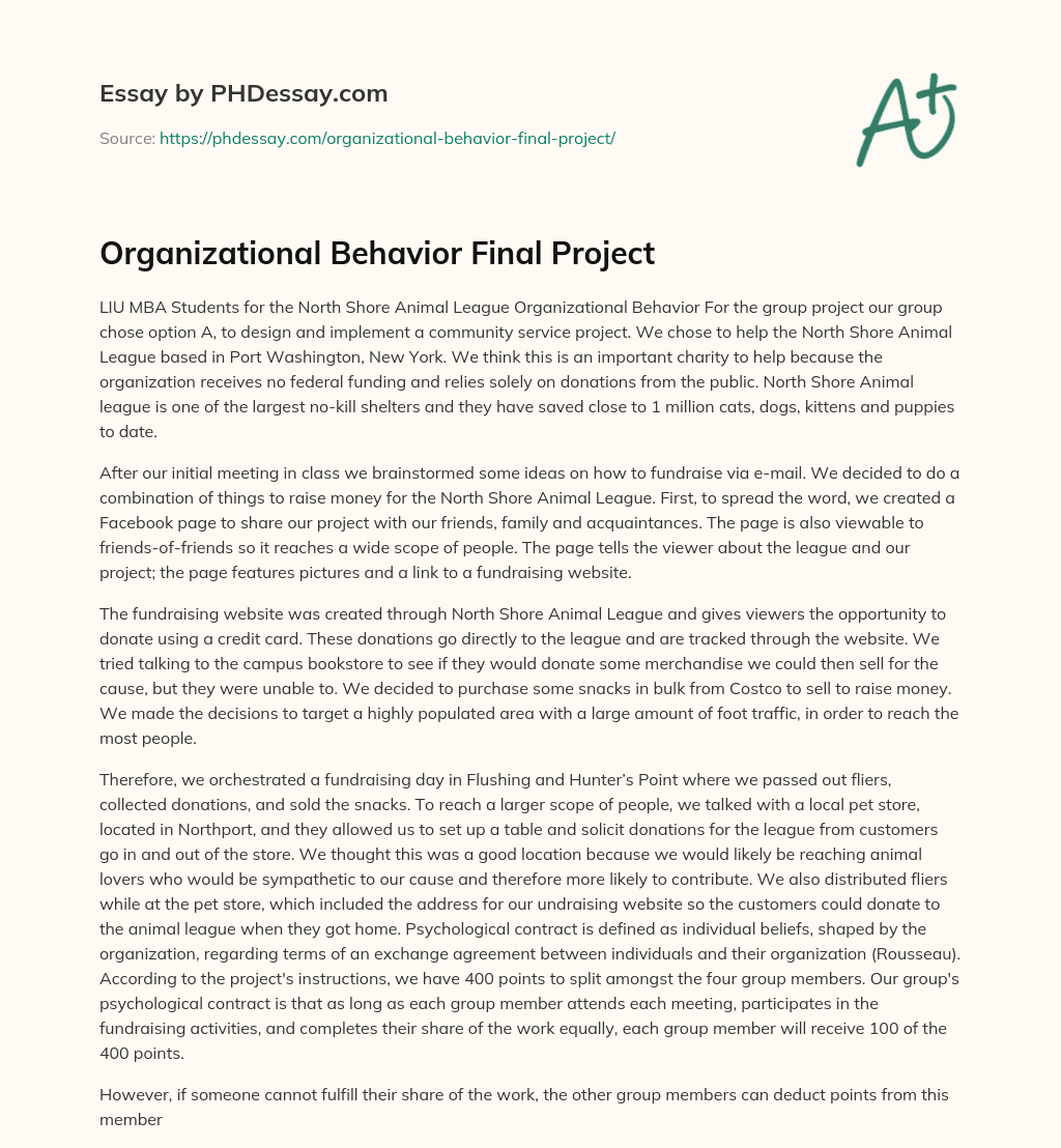 Students For The North Shore Animal League Organizational Behavior essay