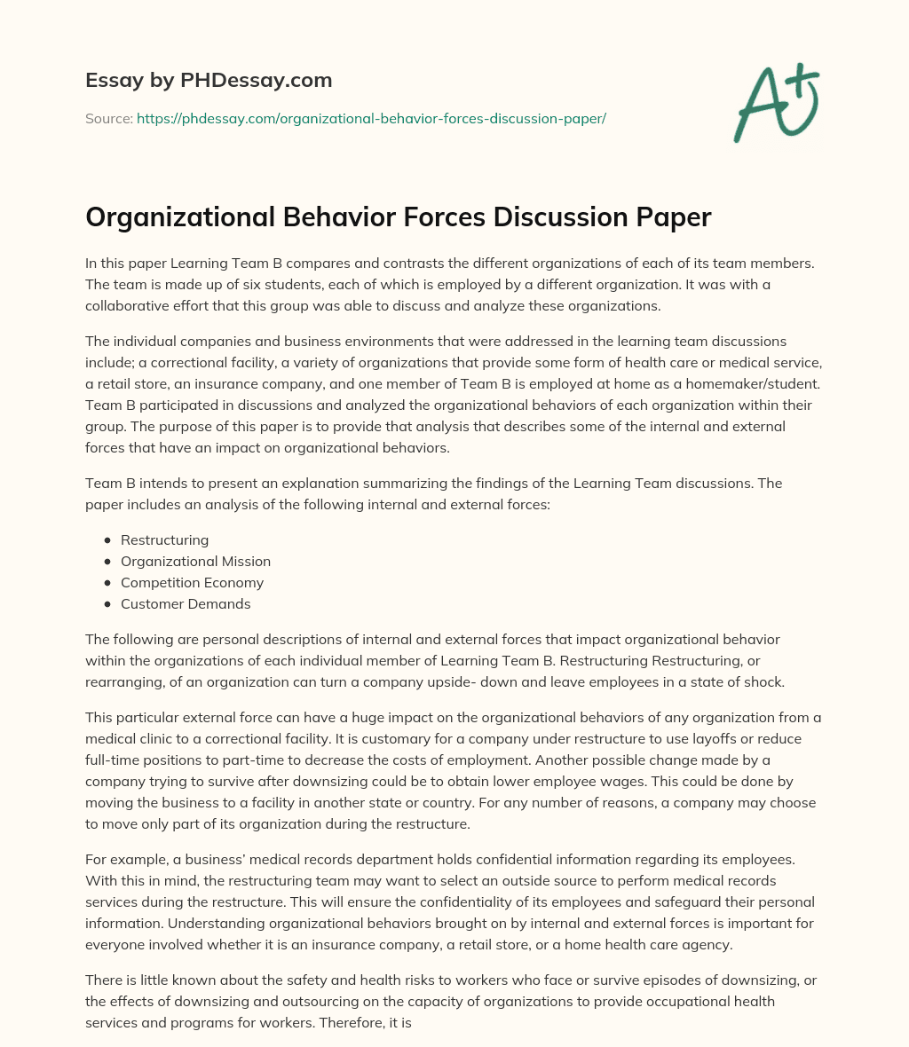 Organizational Behavior Forces Discussion Paper essay