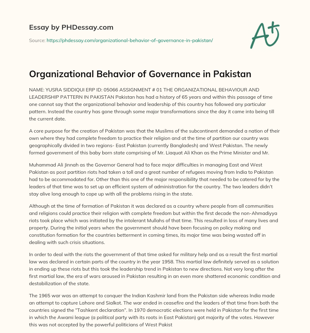 Organizational Behavior of Governance in Pakistan essay