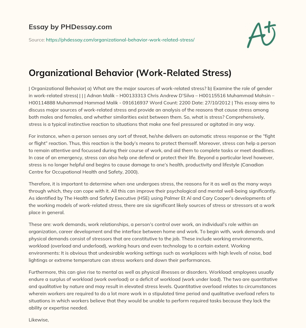 Organizational Behavior (Work-Related Stress) essay