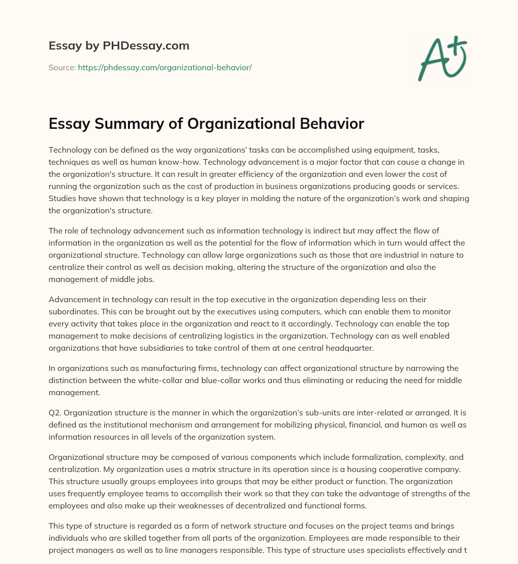 Essay Summary of Organizational Behavior essay