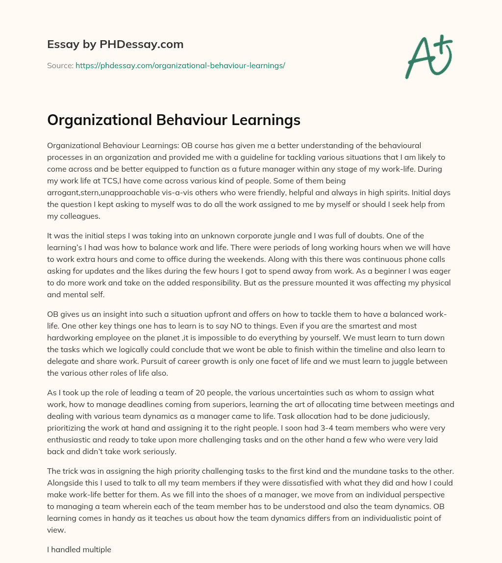 Organizational Behaviour Learnings essay