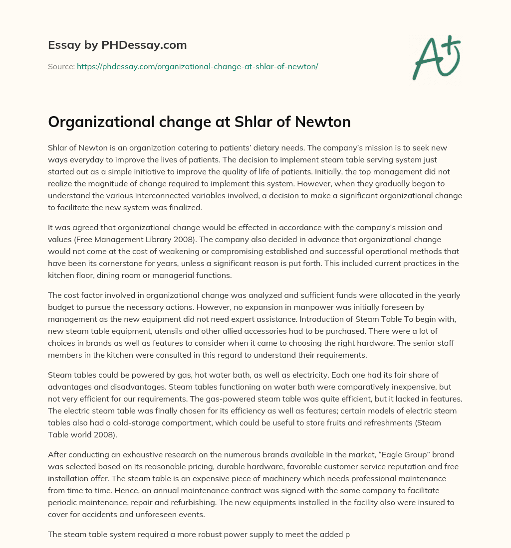 Organizational change at Shlar of Newton essay