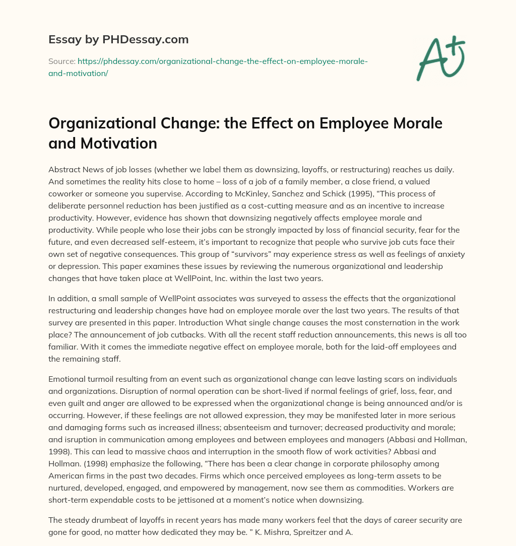 Organizational Change: the Effect on Employee Morale and Motivation essay