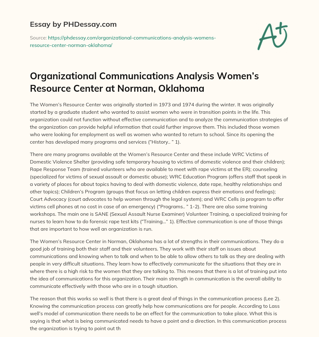 Organizational Communications Analysis Women’s Resource Center at Norman, Oklahoma essay