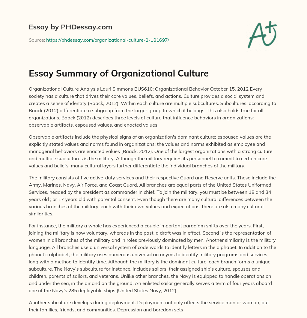 Essay Summary of Organizational Culture essay