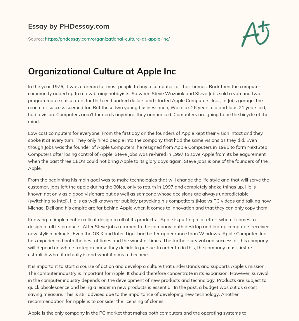 Organizational Culture at Apple Inc essay