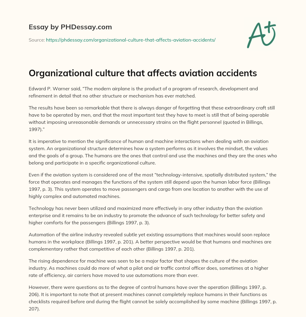 Organizational culture that affects aviation accidents essay