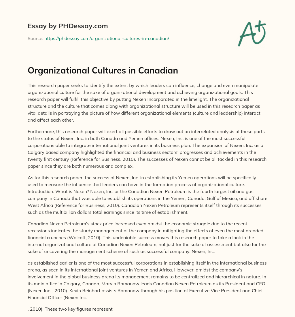 Organizational Cultures in Canadian essay