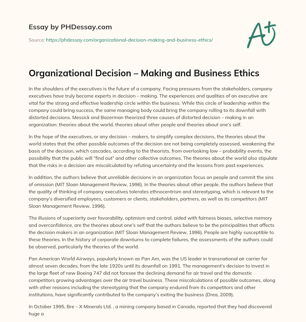 Organizational Decision – Making and Business Ethics essay