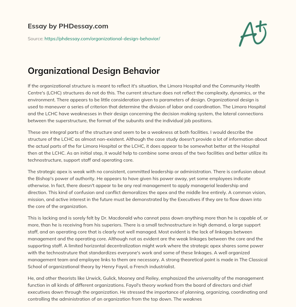 Organizational Design Behavior essay