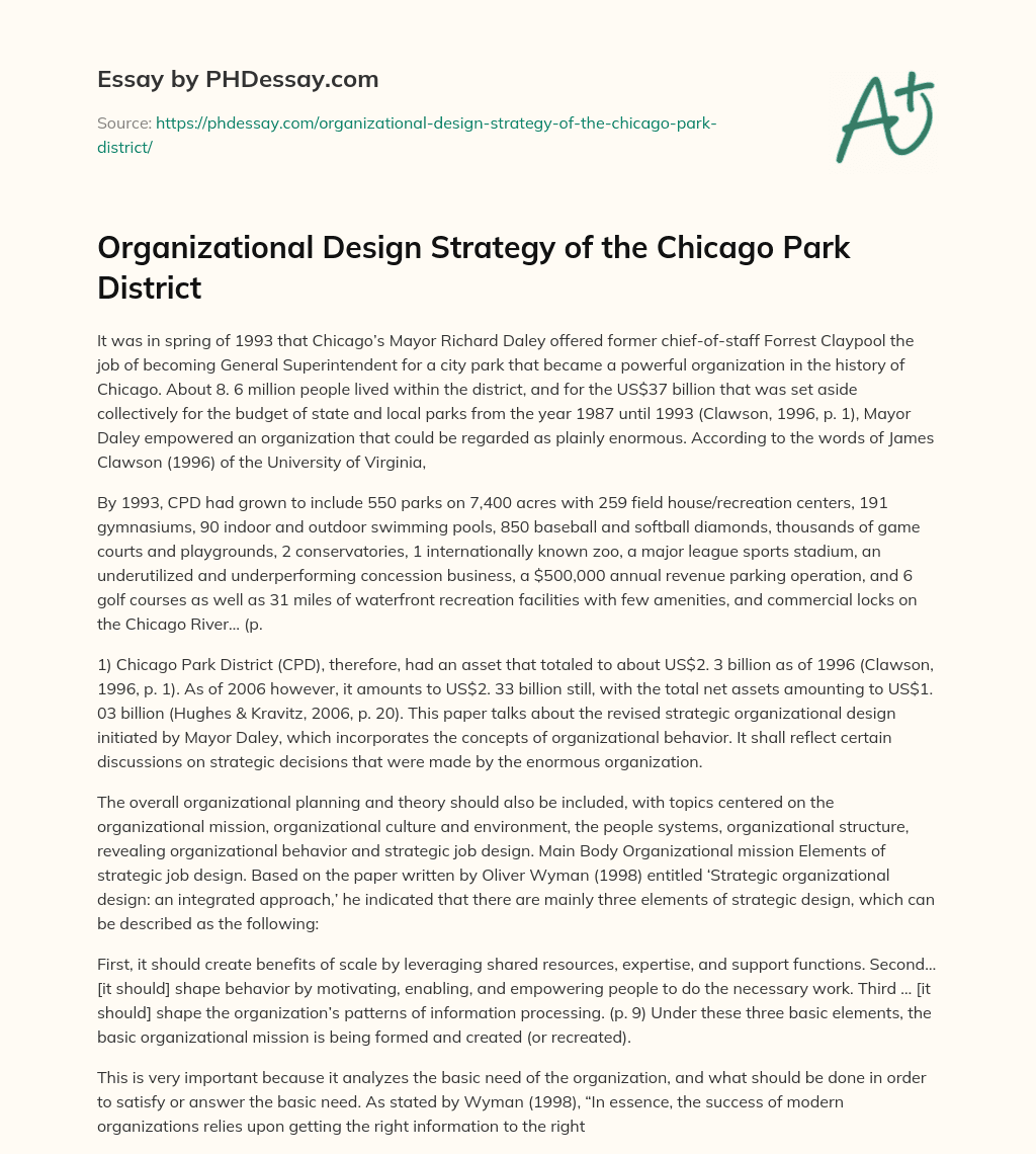 Organizational Design Strategy of the Chicago Park District essay