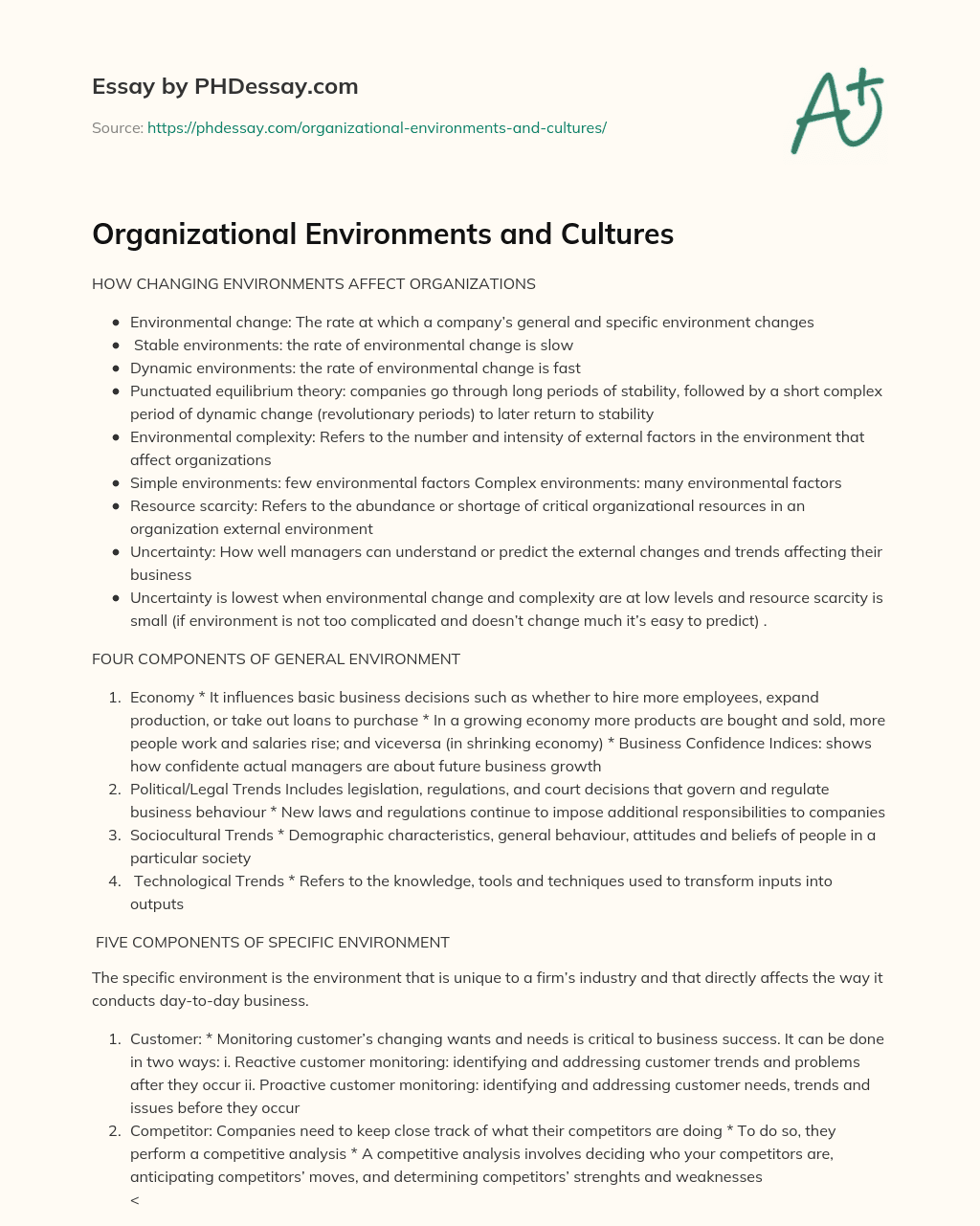 Organizational Environments and Cultures essay