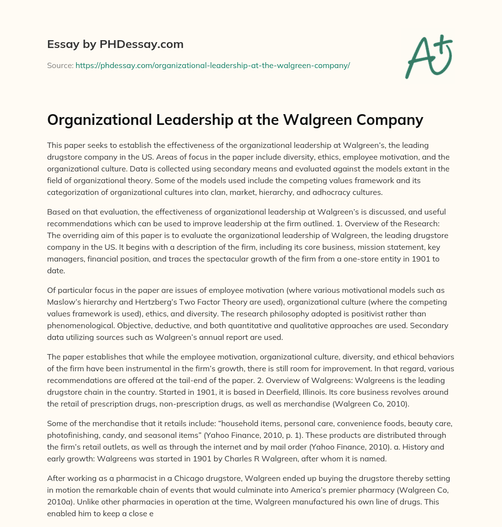 Organizational Leadership at the Walgreen Company essay
