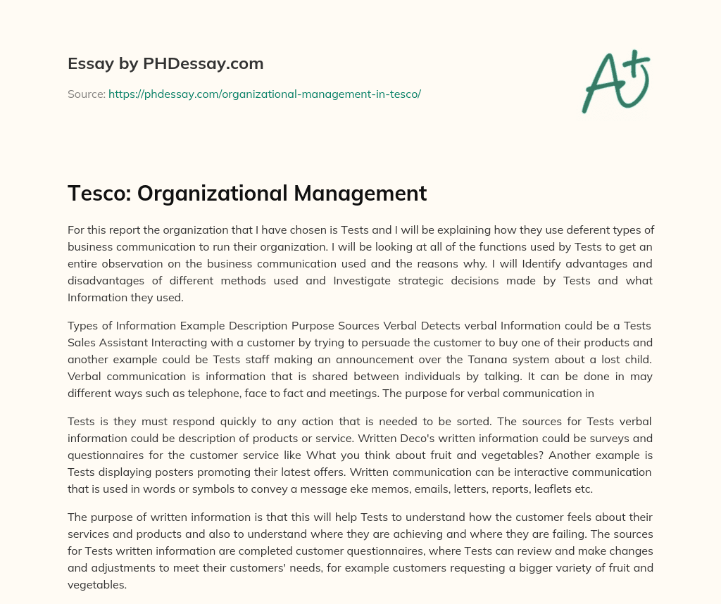 Tesco: Organizational Management essay