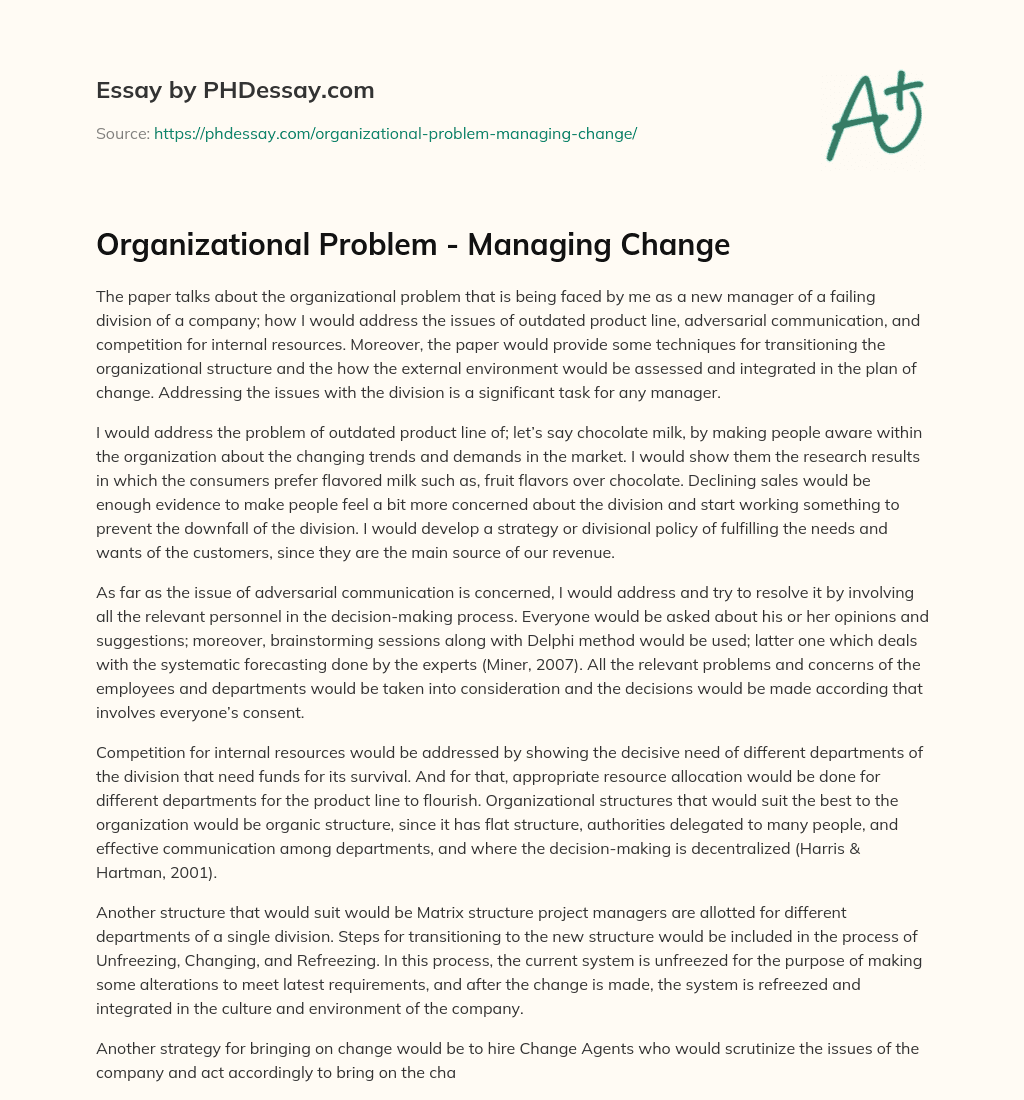 Organizational Problem – Managing Change essay