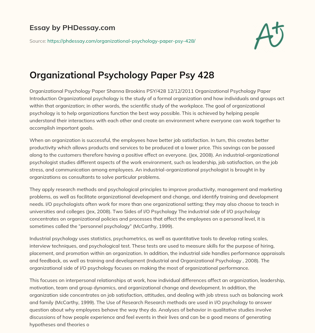 Organizational Psychology Paper Psy 428 essay
