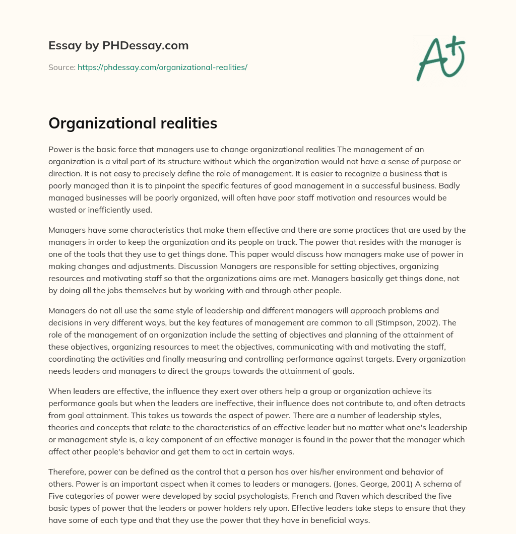 Organizational realities essay