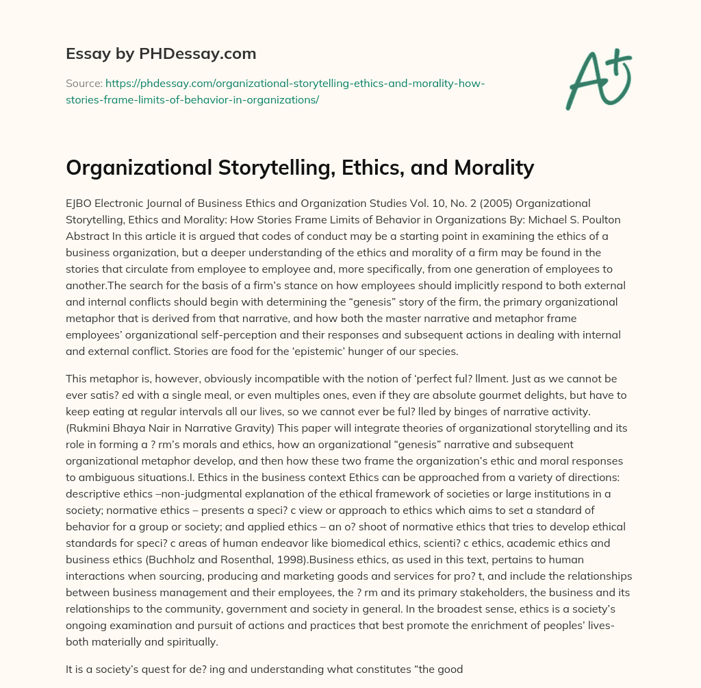Organizational Storytelling, Ethics, and Morality essay