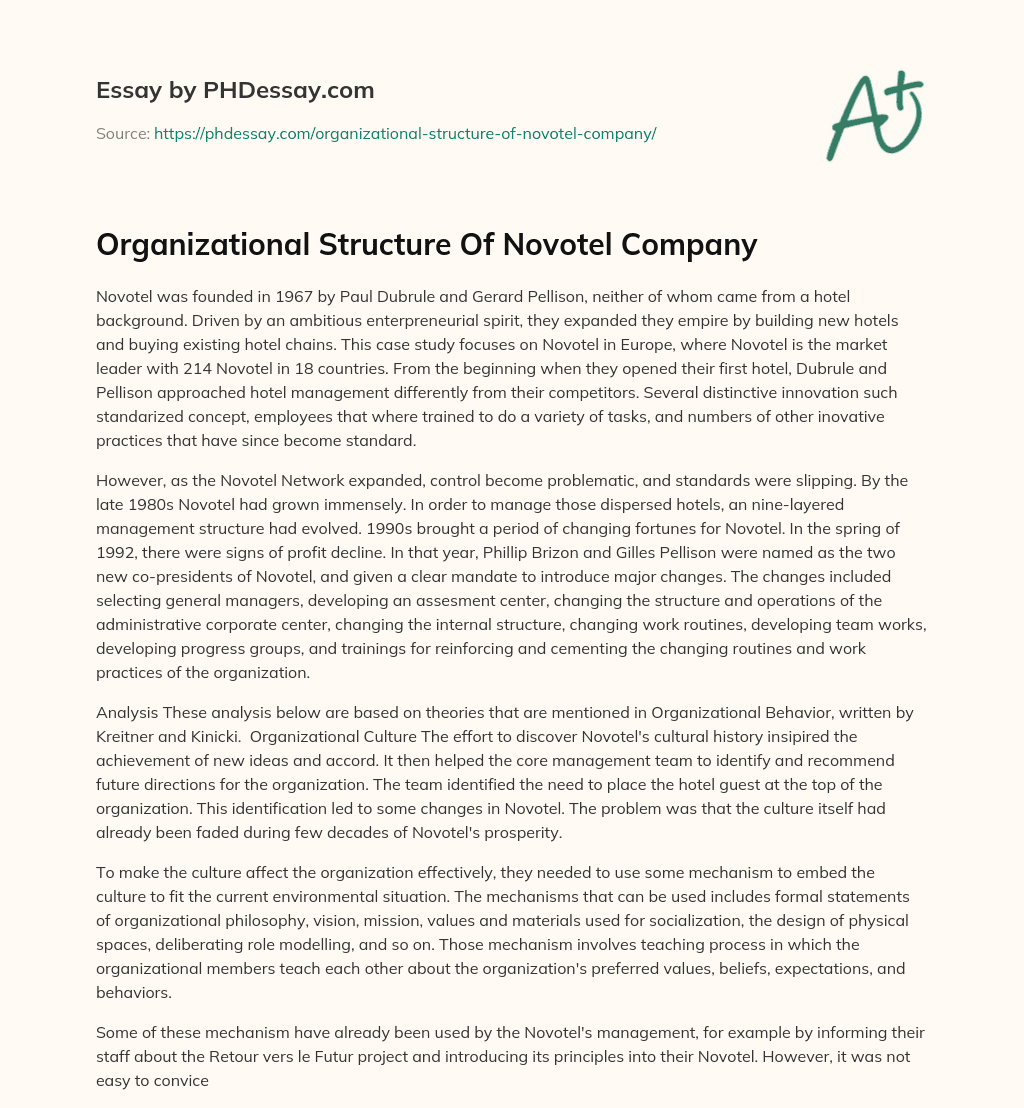 Organizational Structure Of Novotel Company essay