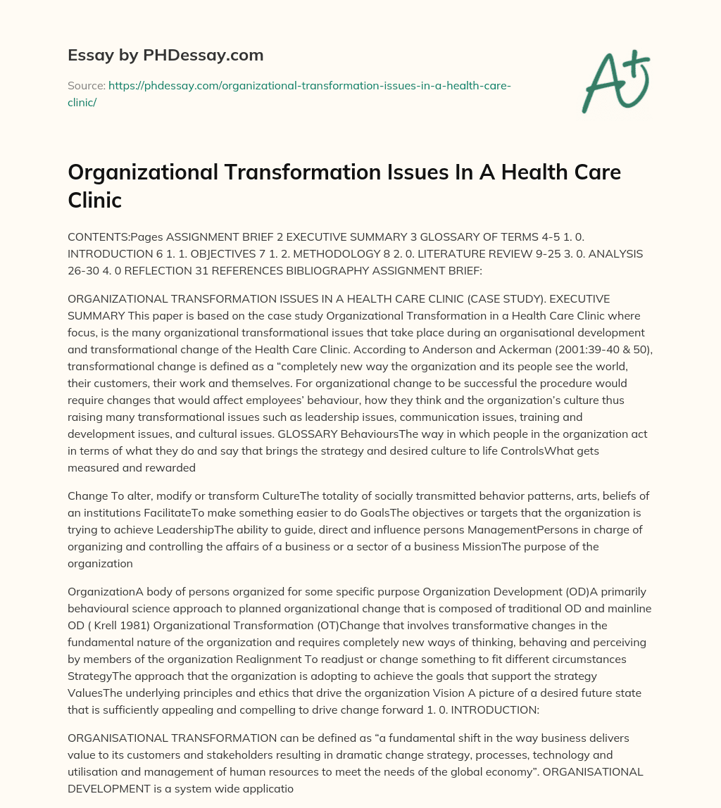 Organizational Transformation Issues In A Health Care Clinic essay