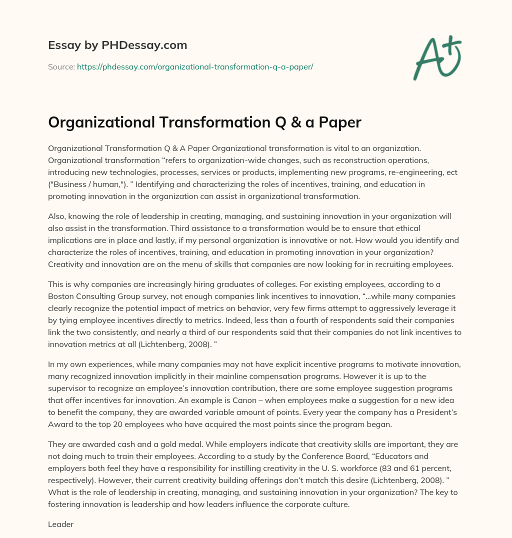 Organizational Transformation Q & a Paper essay