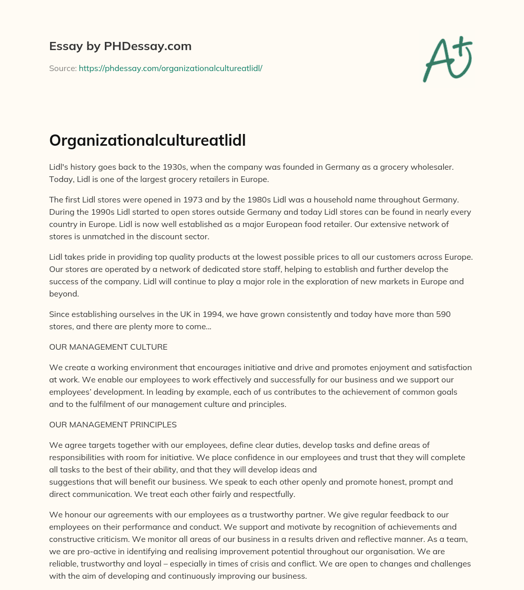 Organizationalcultureatlidl essay